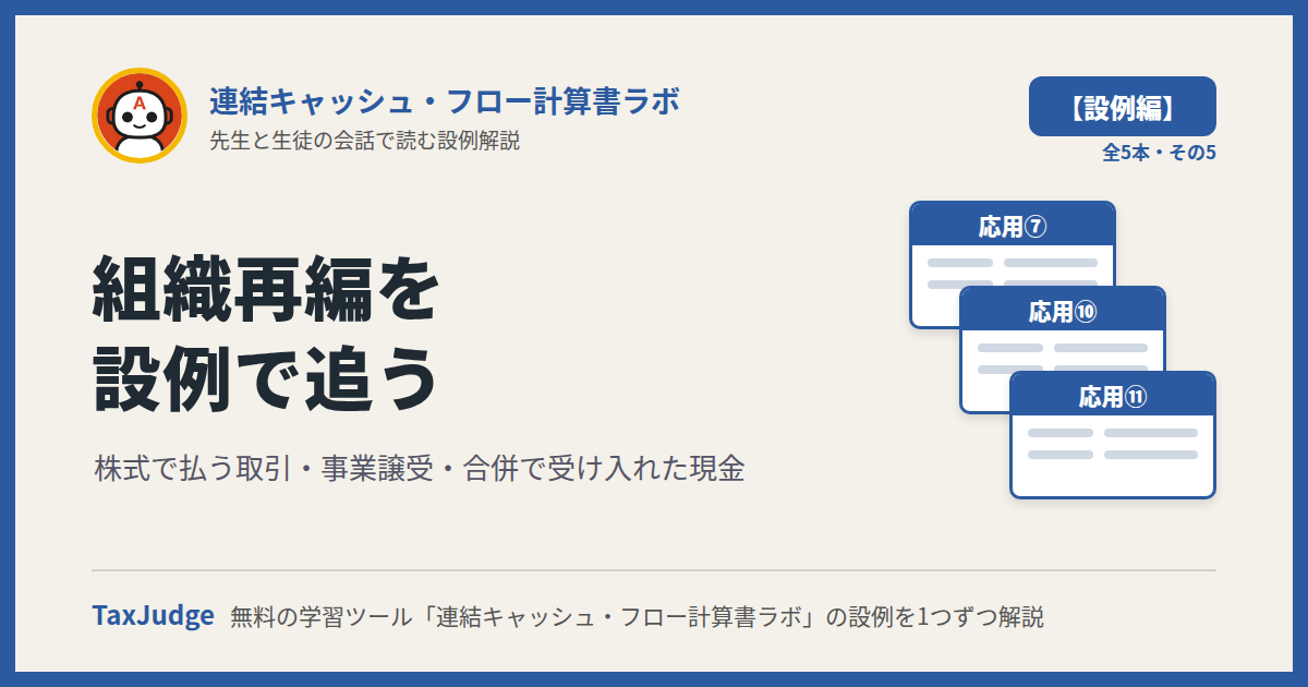 連結キャッシュ・フロー計算書ラボ【設例・非資金取引と組織再編編】｜先生と一緒に図で学ぶ設例・応用⑦⑩⑪ 株式対価・事業譲受・合併