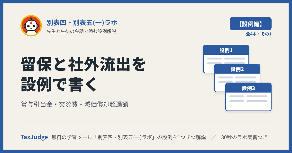 別表四・別表五(一)ラボ【設例・留保と社外流出編】｜先生と一緒に図で学ぶ設例1〜3 賞与引当金・交際費・減価償却超過額