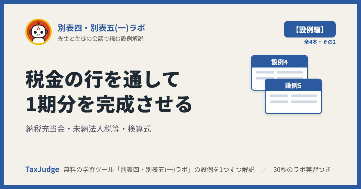 別表四・別表五(一)ラボ【設例・税金の行と総合編】｜先生と一緒に図で学ぶ設例4・5 納税充当金・未納法人税等・検算式