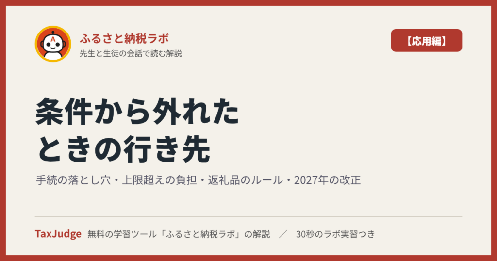 ふるさと納税ラボ【応用編】｜先生と一緒に図で学ぶ手続の落とし穴・上限超えの負担・返礼品のルール・2027年の改正