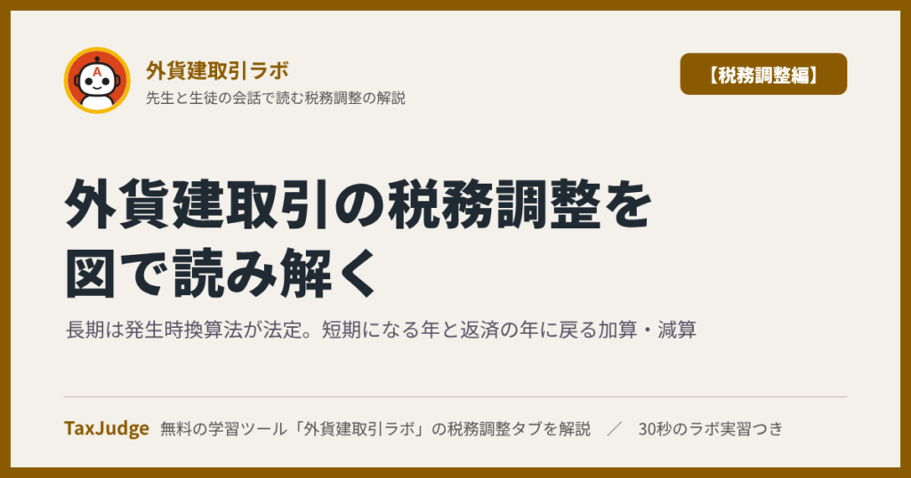外貨建取引ラボ【税務調整編】｜先生と一緒に図で学ぶ発生時換算法と期末時換算法・短期と長期・別表四と別表五(一)