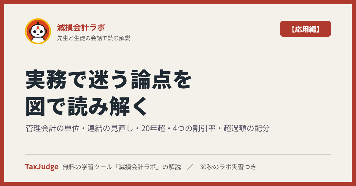 減損会計ラボ【応用編】｜先生と一緒に図で学ぶ管理会計の単位・連結の見直し・20年超・4つの割引率・超過額の配分・期中の減損