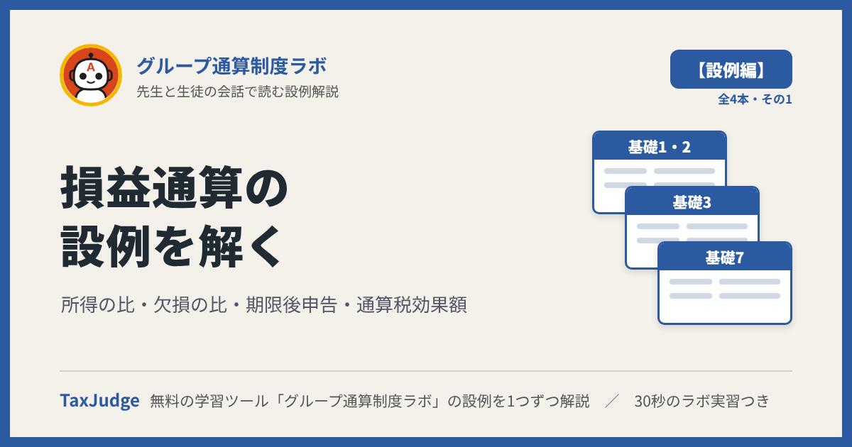 グループ通算制度ラボ【設例・損益通算編】｜先生と一緒に図で学ぶ設例・基礎1〜3・7 損益通算・期限後申告・通算税効果額