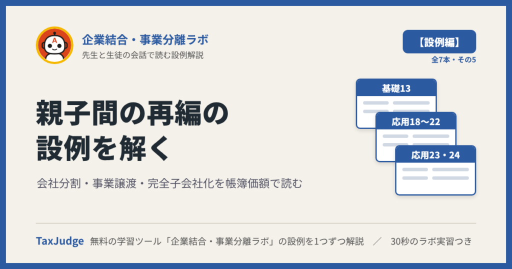 企業結合・事業分離ラボ【設例・会社分割・株式交換編（共通支配下）】｜先生と一緒に図で学ぶ設例・基礎13、応用18〜24 親子間の事業移転・完全子会社化・持株会社