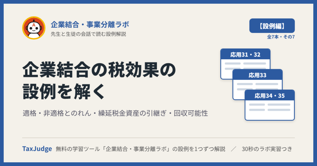 企業結合・事業分離ラボ【設例・税効果編】｜先生と一緒に図で学ぶ設例・応用31〜35 適格・非適格とのれん・繰延税金資産の引継ぎ・回収可能性