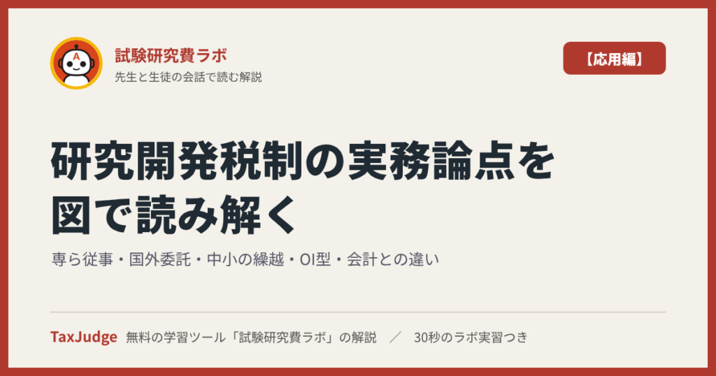試験研究費ラボ【応用編】｜先生と一緒に図で学ぶ専ら従事・国外委託・中小の繰越・OI型・会計との違い
