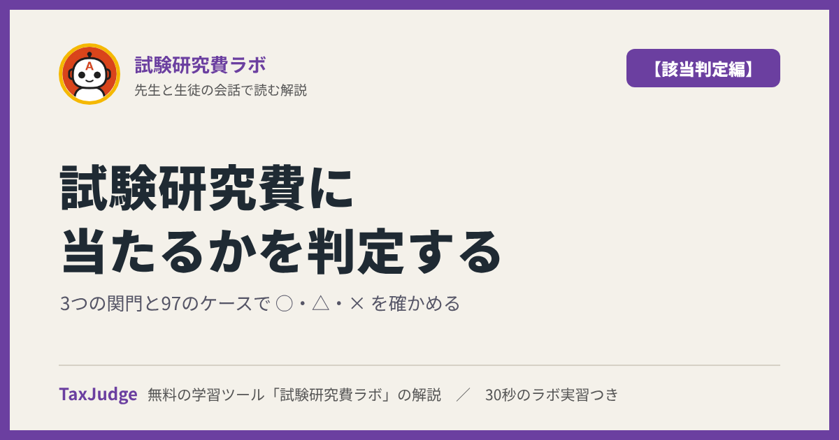 試験研究費ラボ【該当判定編】｜先生と一緒に図で学ぶ試験研究費に当たるか ── 3つの関門と97のケース
