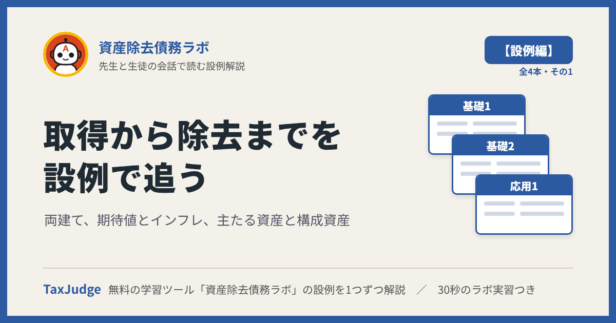 資産除去債務ラボ【設例・取得から除去と算定編】｜先生と一緒に図で学ぶ設例1〜3 両建て・期待値とインフレ・主たる資産