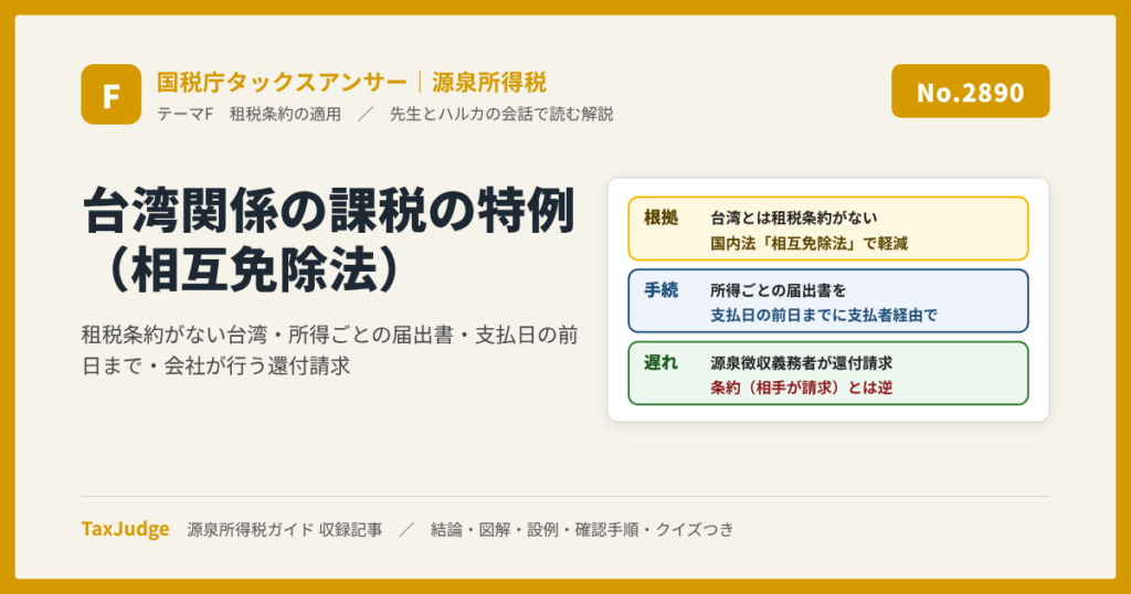 【国税庁タックスアンサー｜源泉所得税】No.2890 外国居住者等所得相互免除法による課税の特例の概要（台湾関係）