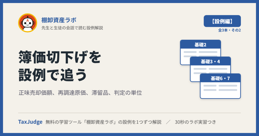 棚卸資産ラボ【設例・簿価切下げ編】｜先生と一緒に図で学ぶ設例・基礎2〜4・6・7 正味売却価額・再調達原価・滞留品・判定の単位